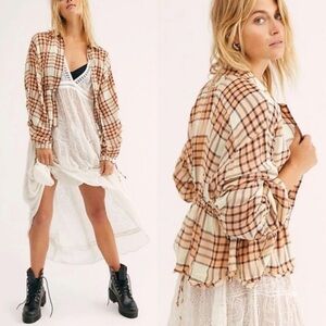 Free People Plaid Button Down Shirt in Brown and Cream